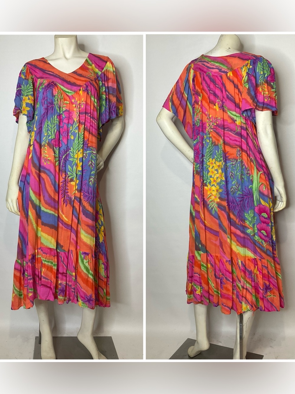 Vintage Hawaiian Print Crinkle Fabric Saybury Muumuu Flutter Dress S/M